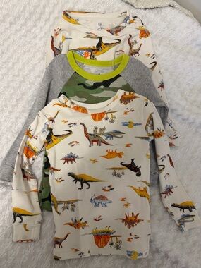 #157 Set of 3 GAP Kids Dinosaur Print Long Sleeve Shirts - Cream, Gray, Green